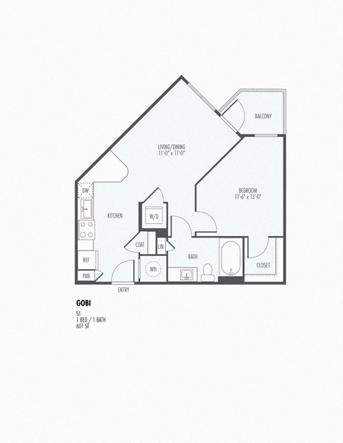 Floor plan for 1 bed, 1 bath, 601 sqft